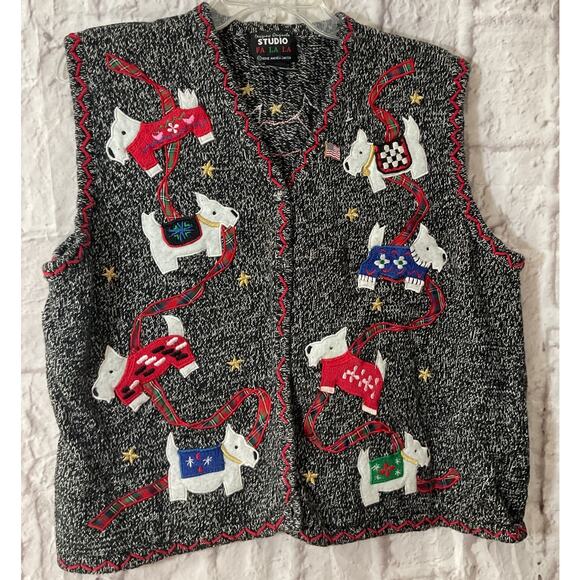 Vintage Designer’s Original XL Christmas Scotty Dog Sweater Vest Black Multi - Picture 1 of 6